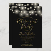 Black and Gold String Lights Pensioenfeest Kaart (Voorkant / Achterkant)