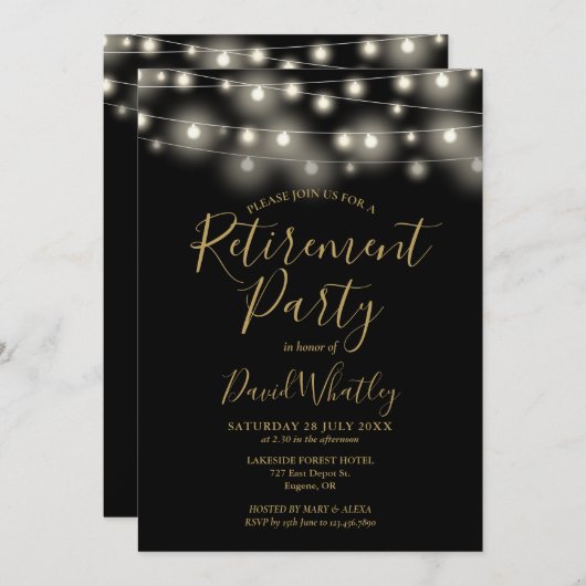 Black and Gold String Lights Pensioenfeest Kaart (Voorkant / Achterkant)