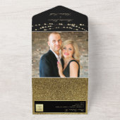 Black and Gold String Lights Wedding All In One Uitnodiging (Buitenkant)