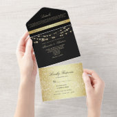 Black and Gold String Lights Wedding All In One Uitnodiging (Afscheurbaar)