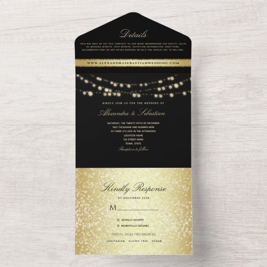 Black and Gold String Lights Wedding All In One Uitnodiging (Binnen)