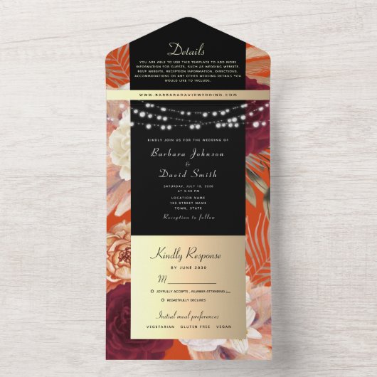 Black and Gold String Lights Wedding All In One Uitnodiging (Binnen)