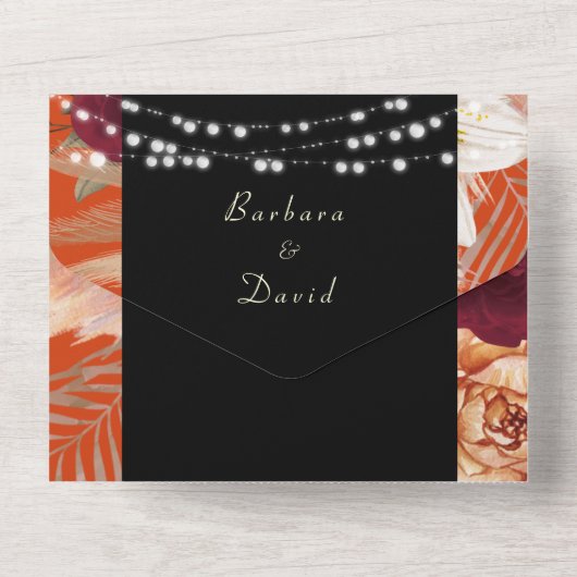 Black and Gold String Lights Wedding All In One Uitnodiging (Achterkant)