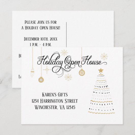 Black and Gold Stylied Holiday Open House| Feestdagenkaart (Voorkant / Achterkant)