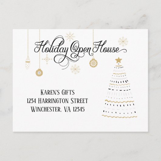 Black and Gold Stylied Holiday Open House| Feestdagenkaart (Voorkant)