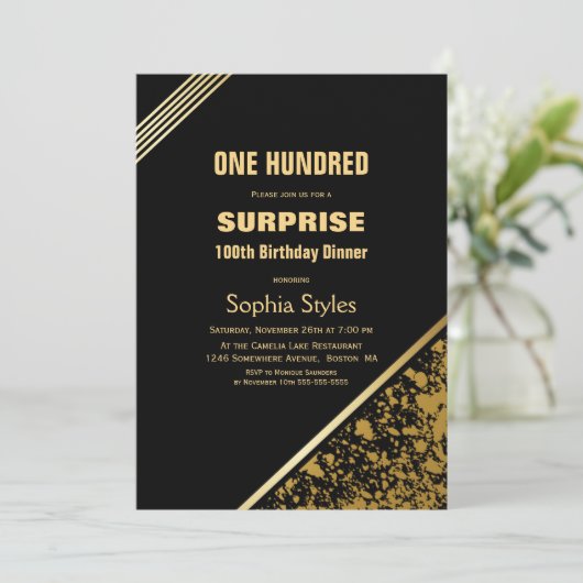 Black and Gold Surprise 100th Birthday Dinner Kaart (Staand voorkant)