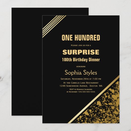 Black and Gold Surprise 100th Birthday Dinner Kaart (Voorkant / Achterkant)