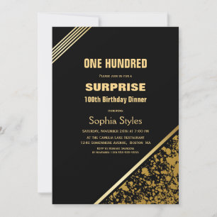 Black and Gold Surprise 100th Birthday Dinner Kaart