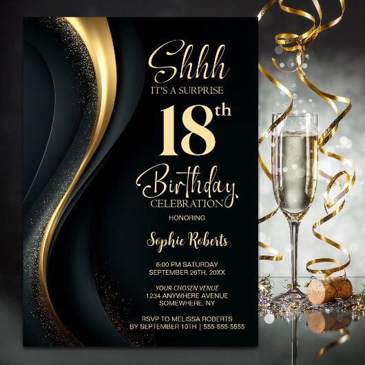Black and Gold Surprise 18th Birthday Party Kaart