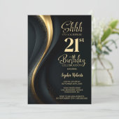 Black and Gold Surprise 21st Birthday Party Kaart (Staand voorkant)