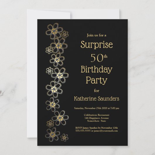 Black and Gold Surprise 50th Birthday Party Kaart (Voorkant)