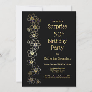 Black and Gold Surprise 50th Birthday Party Kaart
