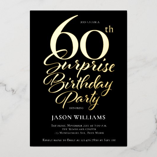 Black and Gold Surprise 60e verjaardag Folie Uitnodiging (Voorkant)
