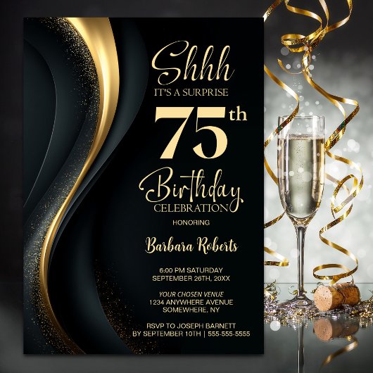 Black and Gold Surprise 75th Birthday Party Kaart