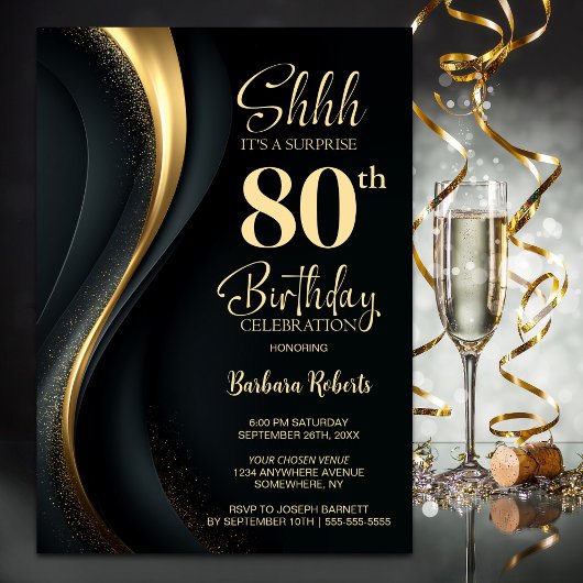 Black and Gold Surprise 80th Birthday Party Kaart