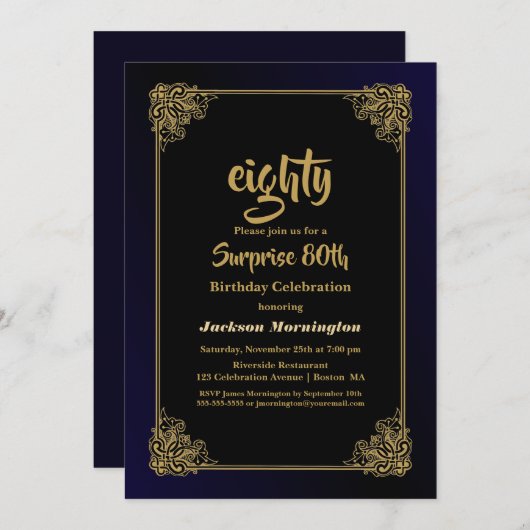 Black and Gold Surprise 80th Birthday Party Kaart (Voorkant / Achterkant)