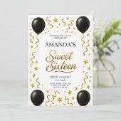 Black and Gold Sweet 16 Birthday Party Kaart (Staand voorkant)