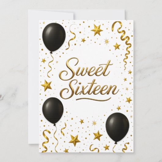 Black and Gold Sweet 16 Birthday Party Kaart (Achterkant)