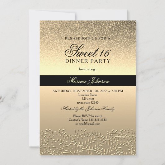 Black and Gold Sweet 16 Invitation Kaart (Voorkant)