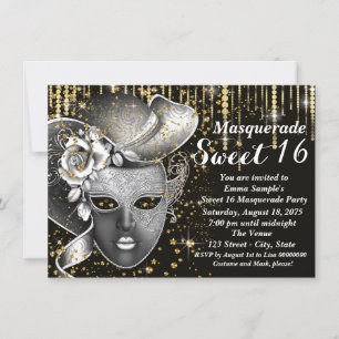 Black and Gold Sweet Sixteen Masquerade Party Kaart