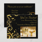 Black and Gold Swirl, Custom Jubileum Party Kaart (Voorkant / Achterkant)