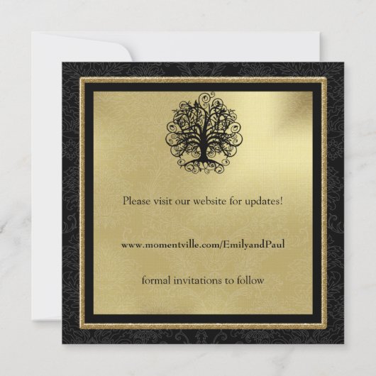 Black and Gold Swirl Love Tree Wedding Save The Date (Achterkant)