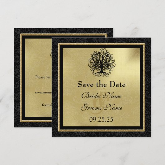 Black and Gold Swirl Love Tree Wedding Save The Date (Voorkant / Achterkant)