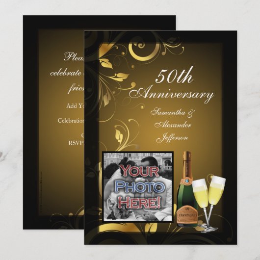 Black and Gold Swirl Photo 50th Jubileum Party Kaart (Voorkant / Achterkant)