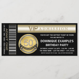 Black and Gold Ticket 50th Birthday Party Kaart