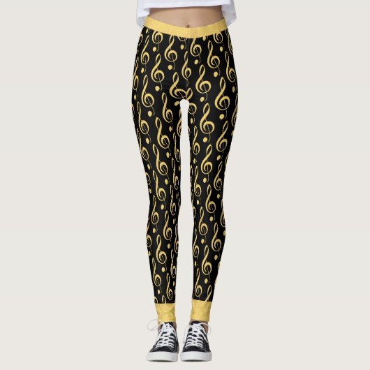 Black and Gold Treble Clef Musical Leggings (Voorkant)