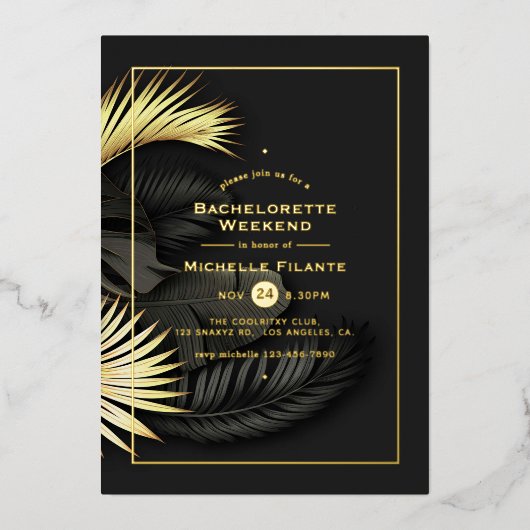 Black and Gold Tropical Bachelorette Weekend Folie Uitnodiging (Voorkant)