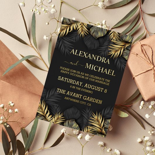 Black and Gold Tropical Destination Wedding Invit Folie Uitnodiging