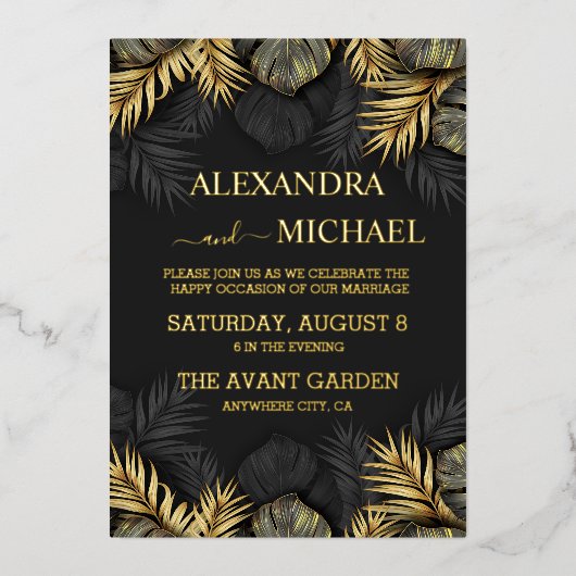 Black and Gold Tropical Destination Wedding Invit Folie Uitnodiging (Voorkant)