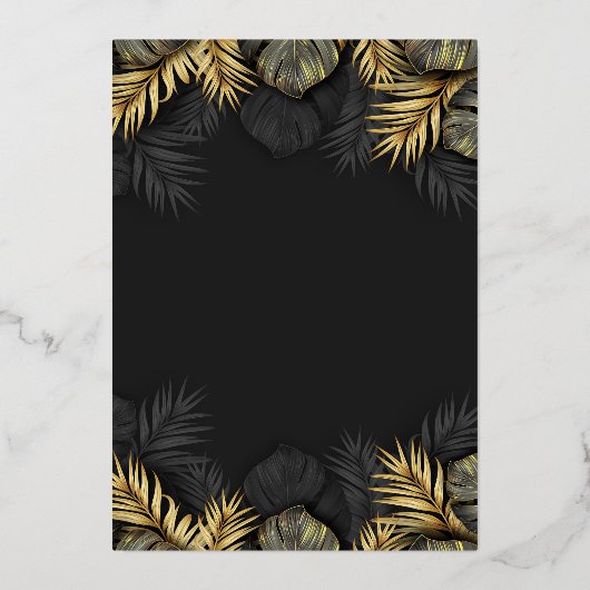 Black and Gold Tropical Destination Wedding Invit Folie Uitnodiging (Achterkant)