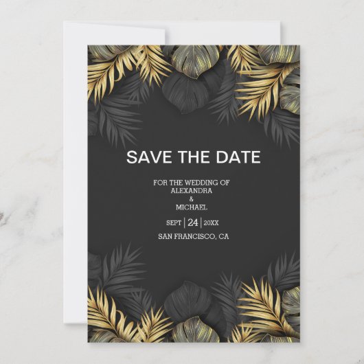 Black and Gold Tropical Destination Wedding Save Save The Date (Voorkant)