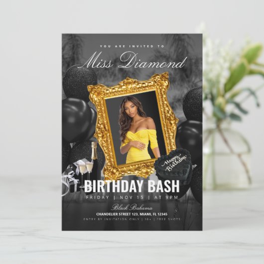 Black and Gold Uitnodiging voor verjaardagsfeestje (Staand voorkant)