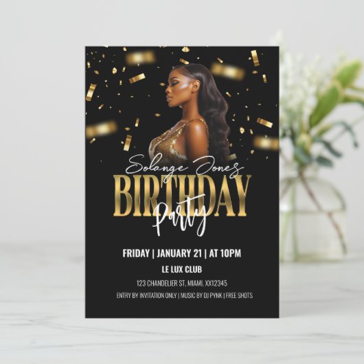 Black and Gold Uitnodiging voor verjaardagsfeestje (Staand voorkant)
