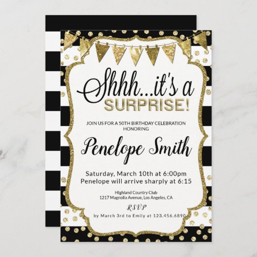 Black and Gold Verrassingsfeest Uitnodigingen (Voorkant / Achterkant)
