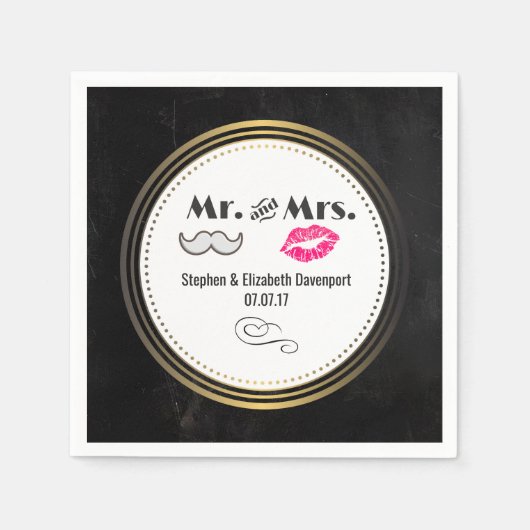 Black and Gold Weddenschap met Mustache en Lips Servetten (Voorkant)