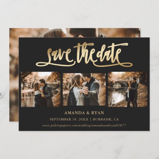 Black and Gold Wedding 4 Foto Save the Date (Voorkant / Achterkant)
