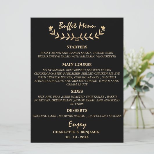 Black and Gold Wedding Buffet-menukaart Menu (Staand voorkant)
