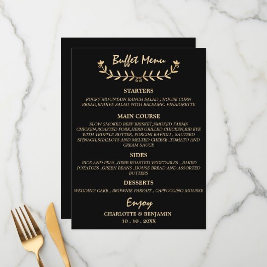 Black and Gold Wedding Buffet-menukaart Menu (Voorkant / Achterkant in situ)