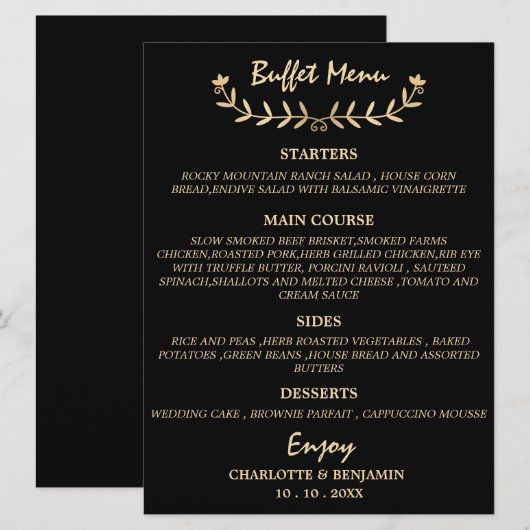 Black and Gold Wedding Buffet-menukaart Menu (Voorkant / Achterkant)