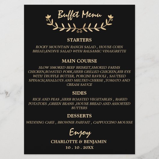Black and Gold Wedding Buffet-menukaart Menu (Voorkant)