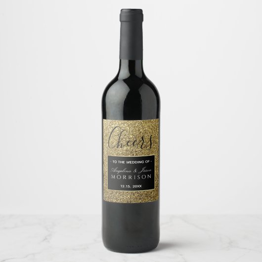 Black and Gold Wedding Favor Wijn Etiket (Voorkant)