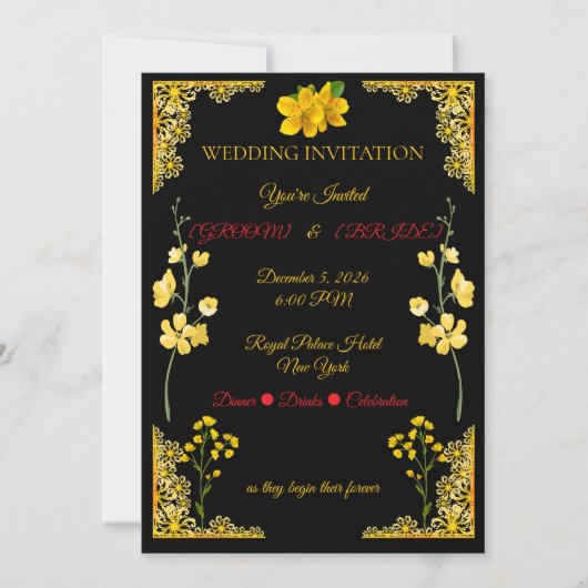 Black and Gold Wedding Invitation Kaart (Voorkant)