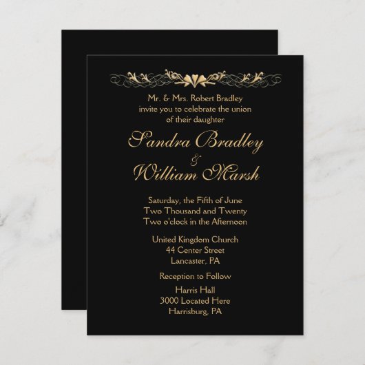 Black and Gold Wedding Kaart (Voorkant / Achterkant)