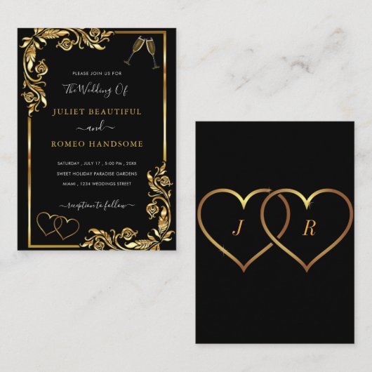 Black and Gold Wedding-kaart Notitiekaartje (Voorkant / Achterkant)