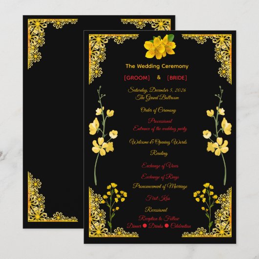 Black and Gold Wedding Program Programmakaart (Voorkant / Achterkant)