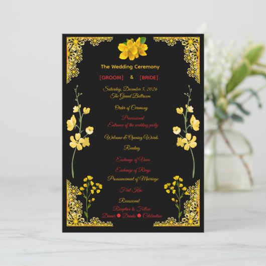 Black and Gold Wedding Program Programmakaart (Staand voorkant)